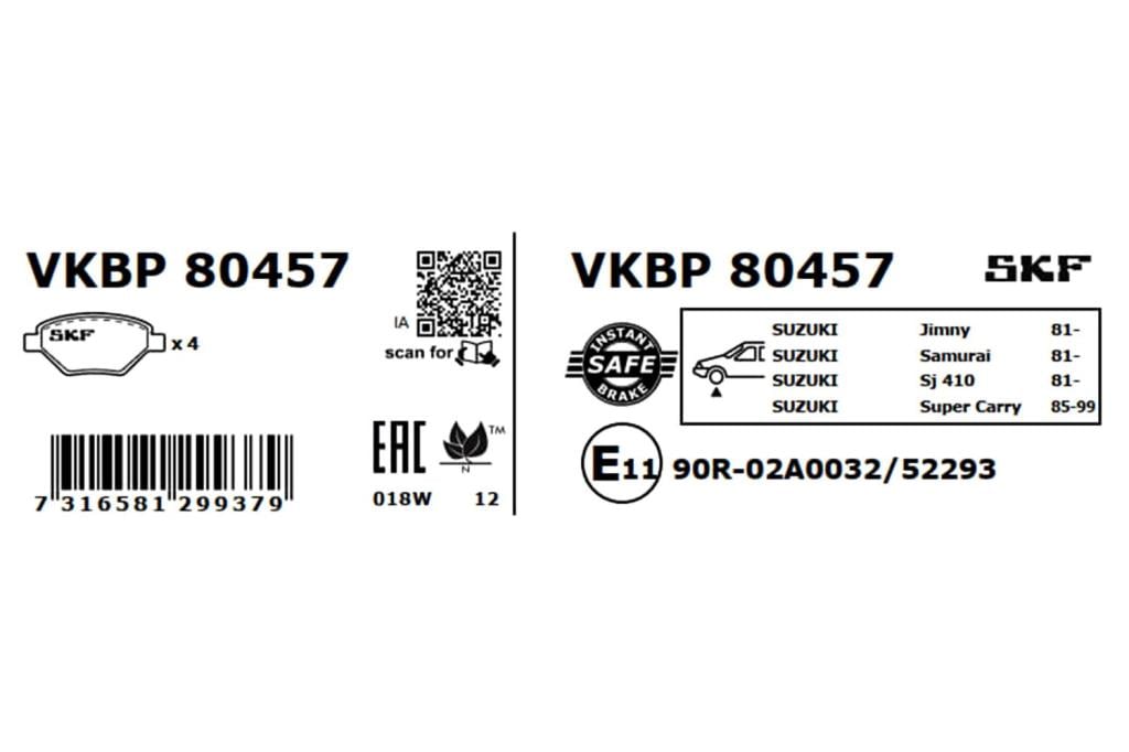 Jogo de 4 pastilhas de travão SKF ref. VKBP 80457
